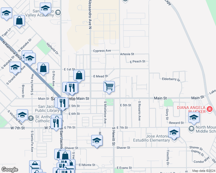 map of restaurants, bars, coffee shops, grocery stores, and more near 315 South Mistletoe Avenue in San Jacinto