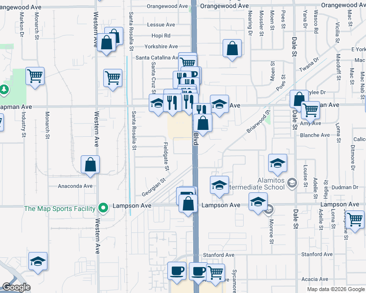 map of restaurants, bars, coffee shops, grocery stores, and more near 12221 Beach Boulevard in Garden Grove