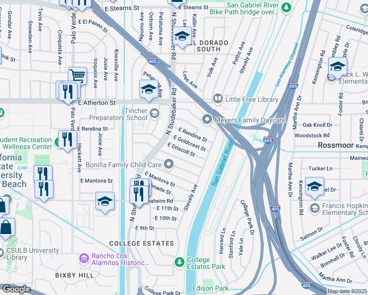 map of restaurants, bars, coffee shops, grocery stores, and more near 6945 East Goldcrest Street in Long Beach