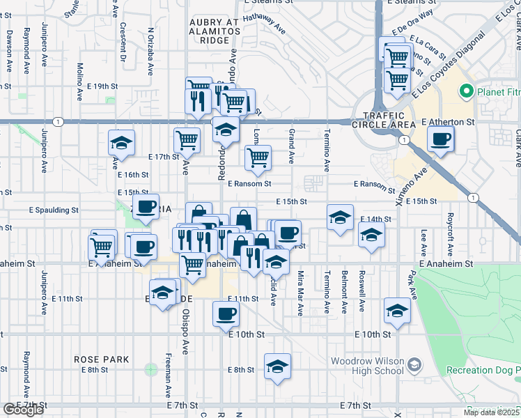 map of restaurants, bars, coffee shops, grocery stores, and more near 1509 Loma Avenue in Long Beach