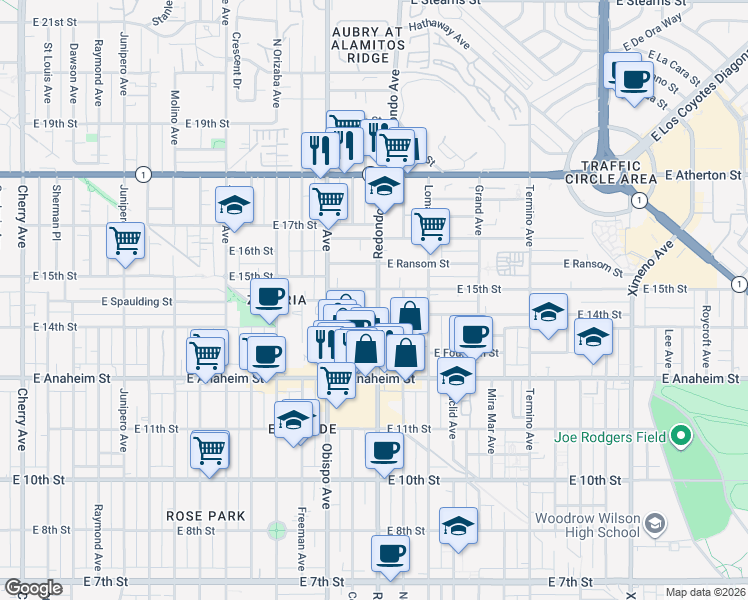 map of restaurants, bars, coffee shops, grocery stores, and more near 3403 East 15th Street in Long Beach