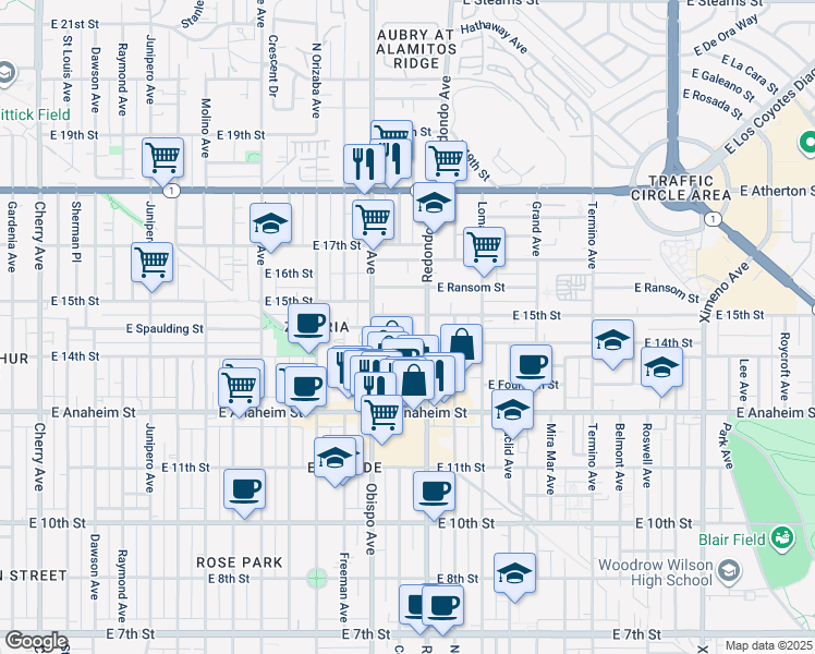 map of restaurants, bars, coffee shops, grocery stores, and more near 3249 East 15th Street in Long Beach