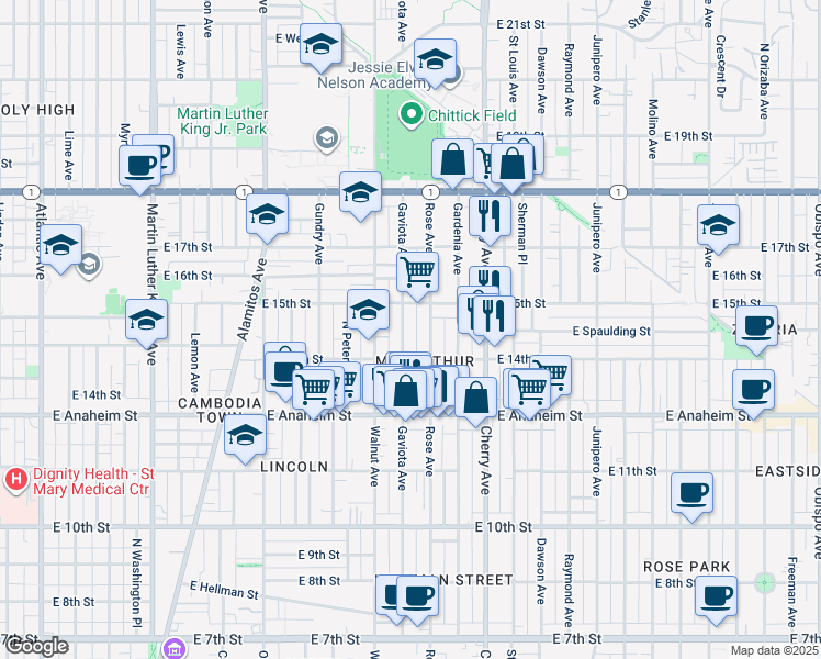 map of restaurants, bars, coffee shops, grocery stores, and more near 1483 Rose Avenue in Long Beach