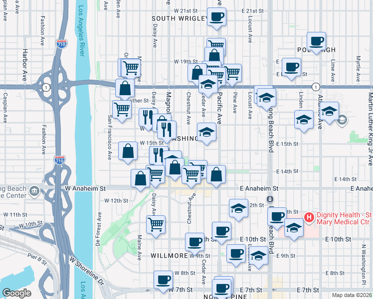 map of restaurants, bars, coffee shops, grocery stores, and more near 1486 Henderson Avenue in Long Beach