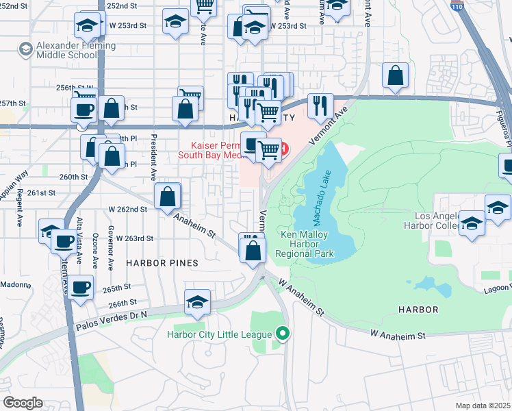 map of restaurants, bars, coffee shops, grocery stores, and more near 26051 Vermont Avenue in Los Angeles