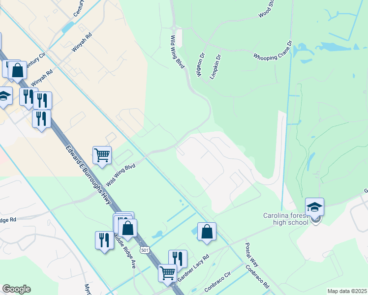 map of restaurants, bars, coffee shops, grocery stores, and more near 302 Wild Wing Boulevard in Conway