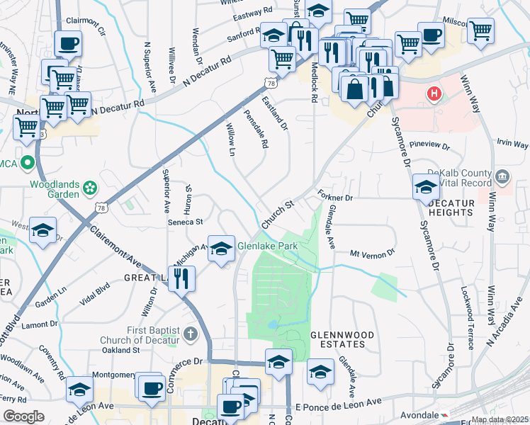 map of restaurants, bars, coffee shops, grocery stores, and more near 1210 Church Street in Decatur