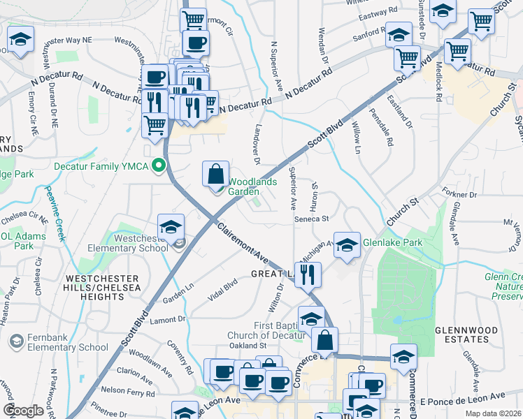 map of restaurants, bars, coffee shops, grocery stores, and more near 25 High Gate Trail in Decatur