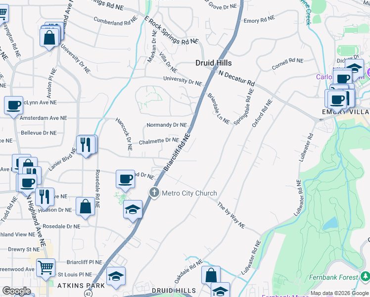 map of restaurants, bars, coffee shops, grocery stores, and more near 1151 Briarcliff Road Northeast in Atlanta