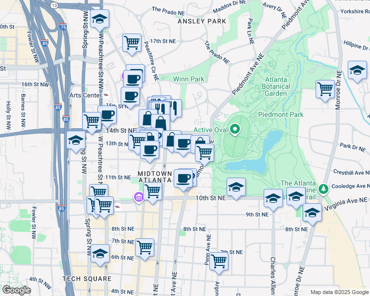 map of restaurants, bars, coffee shops, grocery stores, and more near 195 14th Street Northeast in Atlanta