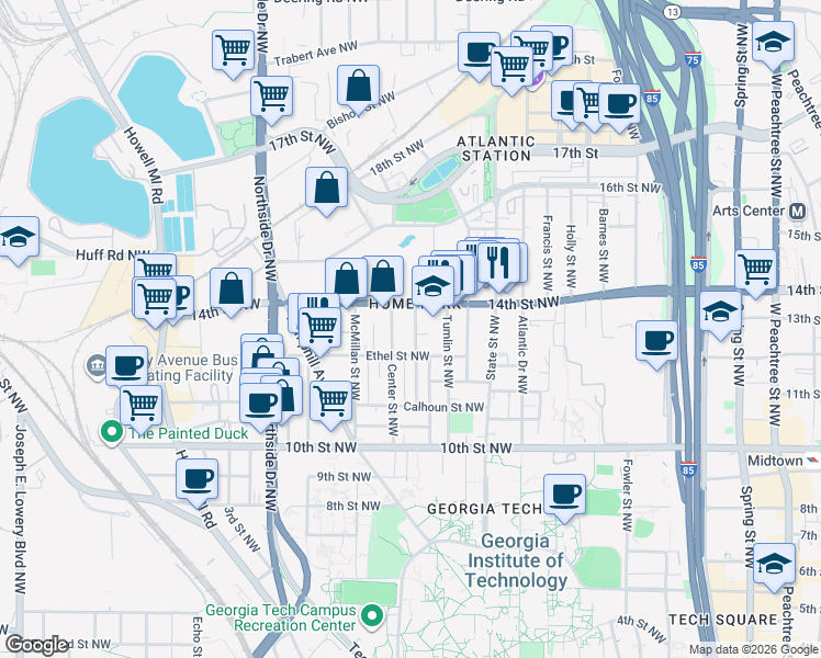 map of restaurants, bars, coffee shops, grocery stores, and more near in Atlanta