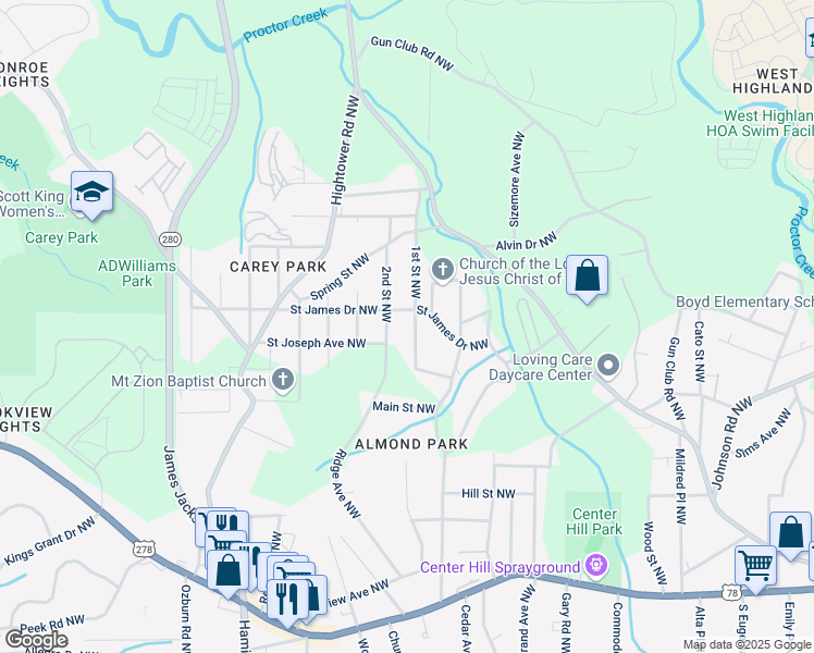 map of restaurants, bars, coffee shops, grocery stores, and more near 1110 1st Street Northwest in Atlanta