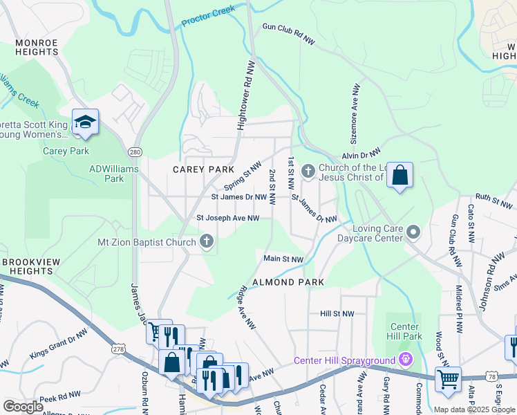 map of restaurants, bars, coffee shops, grocery stores, and more near 1111 3rd Street Northwest in Atlanta