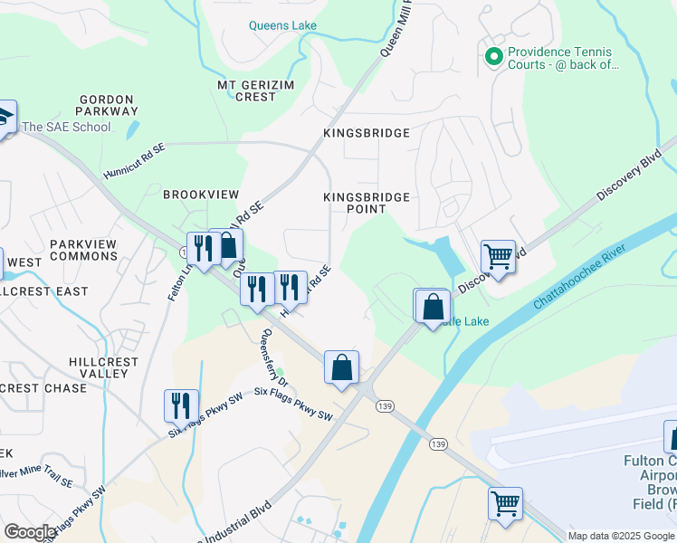 map of restaurants, bars, coffee shops, grocery stores, and more near 601 Hunnicut Road Southeast in Mableton