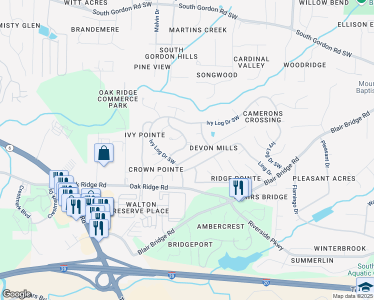 map of restaurants, bars, coffee shops, grocery stores, and more near 6929 Hickory Log Road in Austell