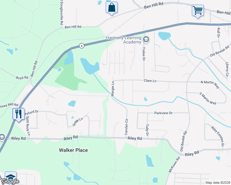 map of restaurants, bars, coffee shops, grocery stores, and more near 6986 Margie Lane in Lithia Springs