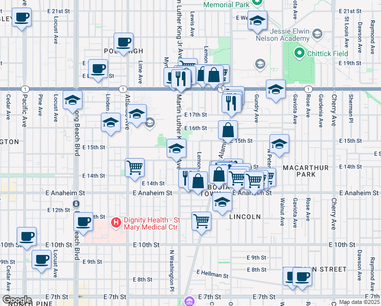 map of restaurants, bars, coffee shops, grocery stores, and more near 1454 Lewis Avenue in Long Beach