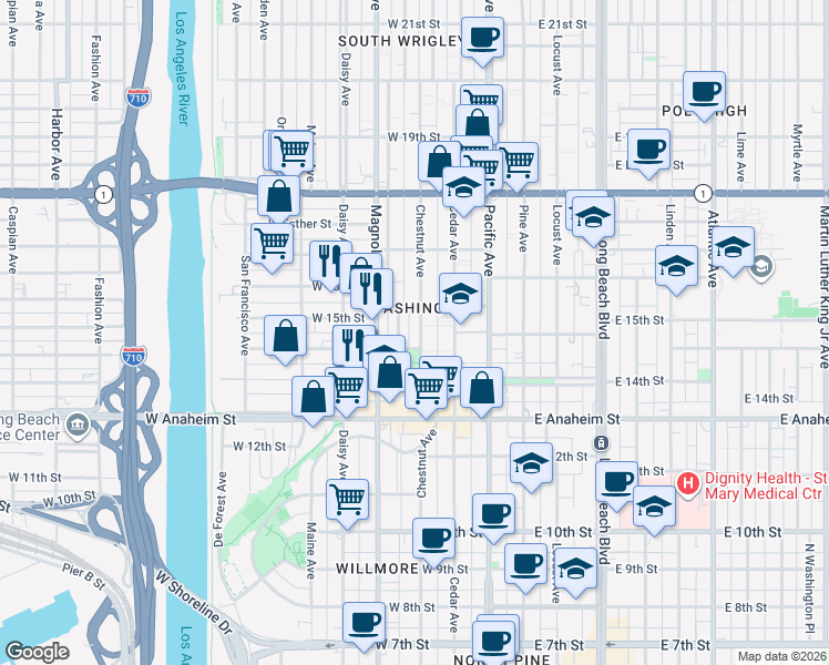 map of restaurants, bars, coffee shops, grocery stores, and more near 1486 Henderson Avenue in Long Beach