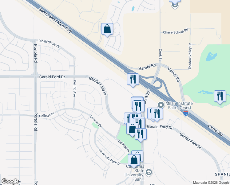map of restaurants, bars, coffee shops, grocery stores, and more near 75032-75078 Gerald Ford Drive in Palm Desert