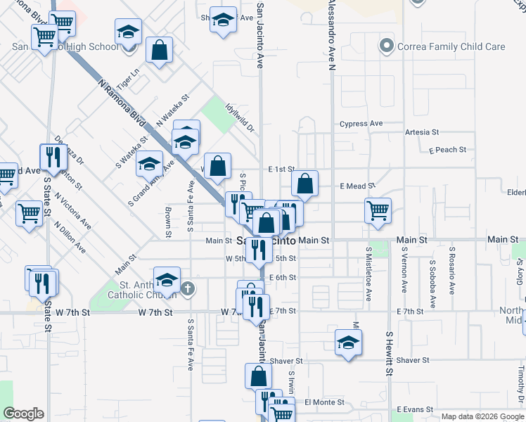 map of restaurants, bars, coffee shops, grocery stores, and more near 237 South San Jacinto Avenue in San Jacinto