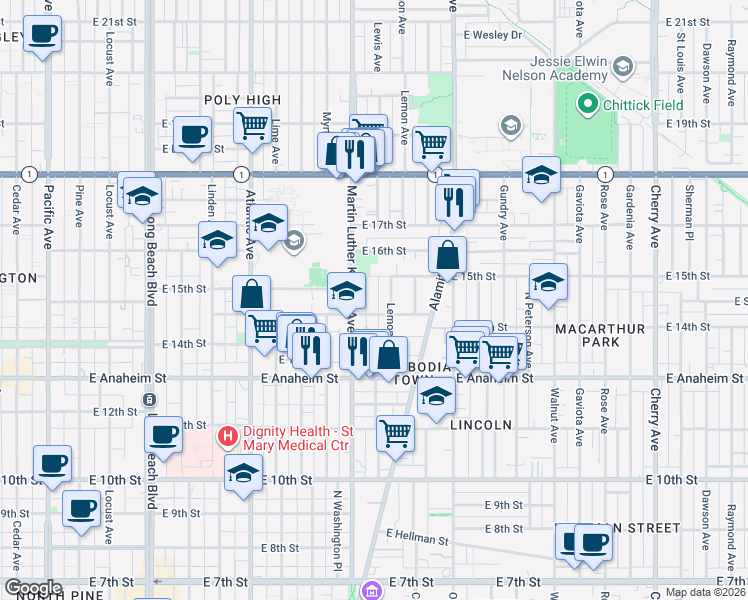 map of restaurants, bars, coffee shops, grocery stores, and more near 1452 Lewis Avenue in Long Beach