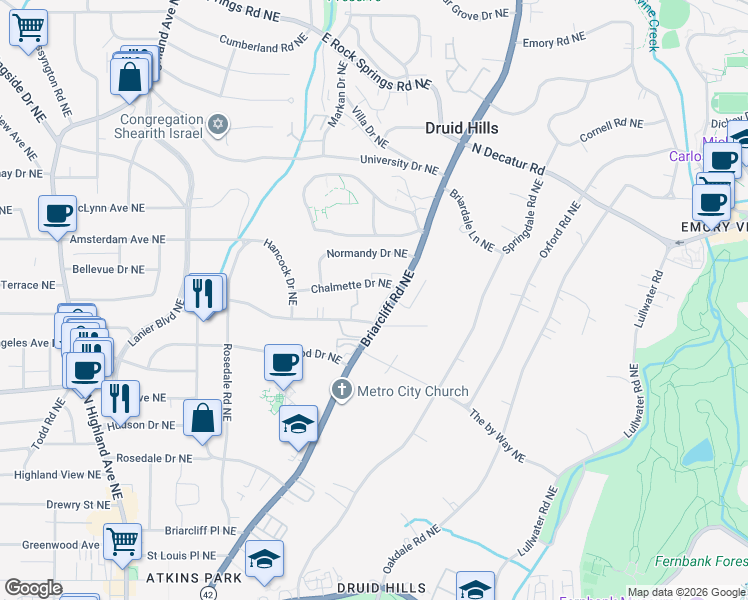 map of restaurants, bars, coffee shops, grocery stores, and more near 1110 Briarcliff Road Northeast in Atlanta