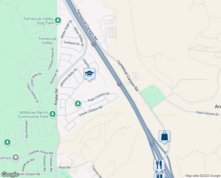 map of restaurants, bars, coffee shops, grocery stores, and more near 9510 Nickellaus Court in Corona
