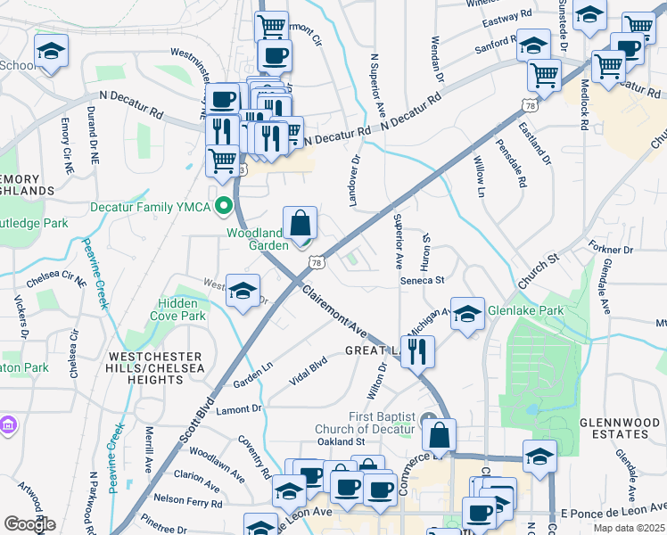 map of restaurants, bars, coffee shops, grocery stores, and more near 927 Scott Boulevard in Decatur