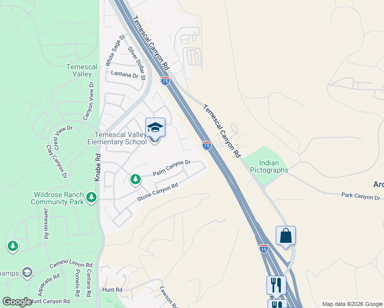 map of restaurants, bars, coffee shops, grocery stores, and more near 9515 Nickellaus Court in Corona