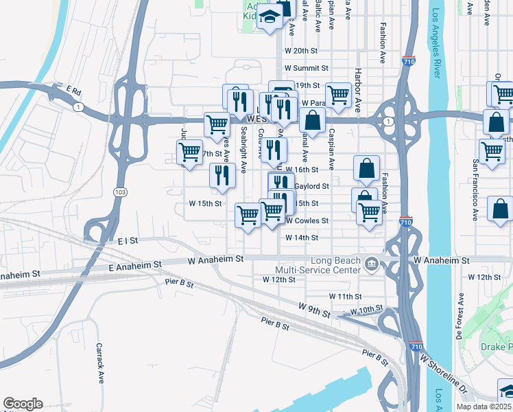 map of restaurants, bars, coffee shops, grocery stores, and more near 1550 Cota Avenue in Long Beach