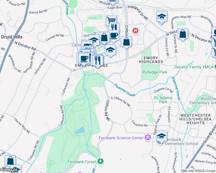 map of restaurants, bars, coffee shops, grocery stores, and more near 1155 Clifton Road in Atlanta
