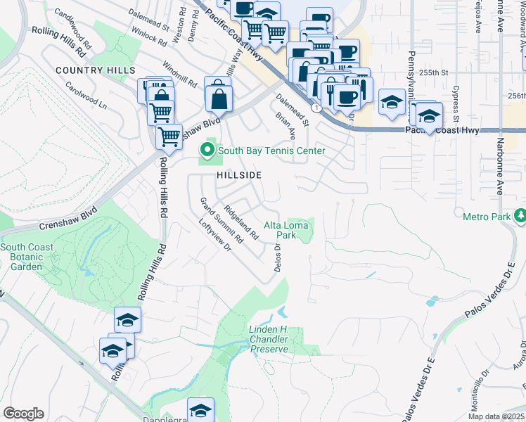 map of restaurants, bars, coffee shops, grocery stores, and more near 2609 Highcliff Drive in Torrance