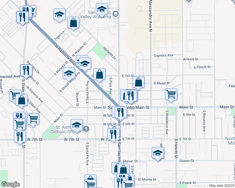 map of restaurants, bars, coffee shops, grocery stores, and more near 212 South San Jacinto Avenue in San Jacinto