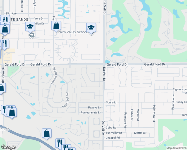map of restaurants, bars, coffee shops, grocery stores, and more near 69893 Matisse Road in Cathedral City