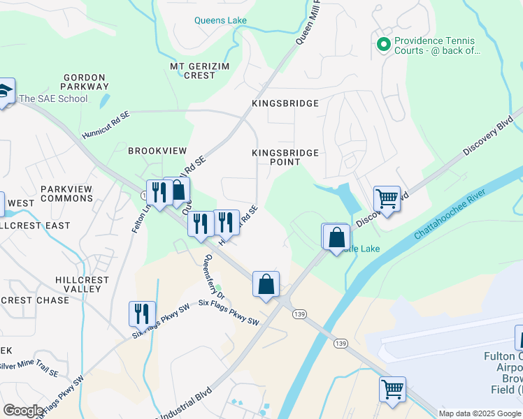 map of restaurants, bars, coffee shops, grocery stores, and more near 601 Hunnicut Road Southeast in Mableton
