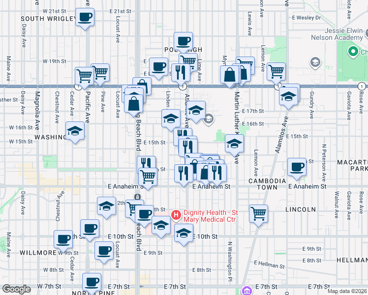 map of restaurants, bars, coffee shops, grocery stores, and more near 1535 Atlantic Avenue in Long Beach