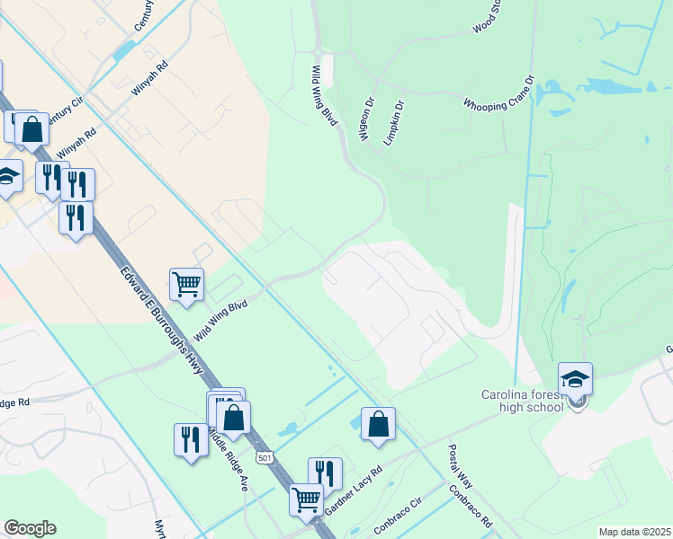 map of restaurants, bars, coffee shops, grocery stores, and more near 302 Wild Wing Boulevard in Conway