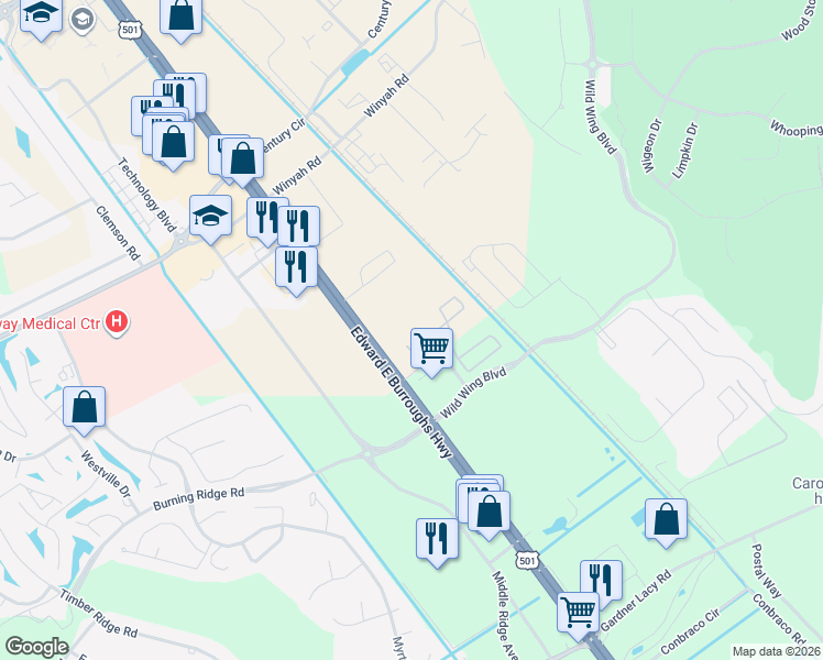 map of restaurants, bars, coffee shops, grocery stores, and more near 2501 U.S. 501 in Conway