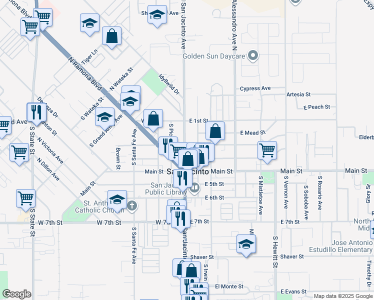 map of restaurants, bars, coffee shops, grocery stores, and more near 233 South San Jacinto Avenue in San Jacinto