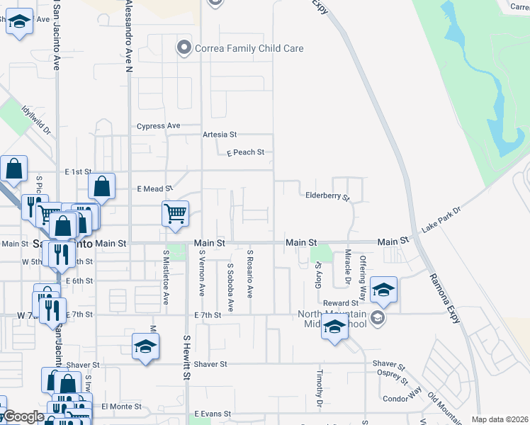 map of restaurants, bars, coffee shops, grocery stores, and more near 655 East Main Street in San Jacinto