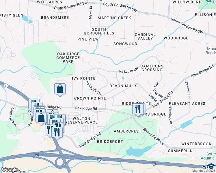 map of restaurants, bars, coffee shops, grocery stores, and more near 6929 Hickory Log Road in Austell