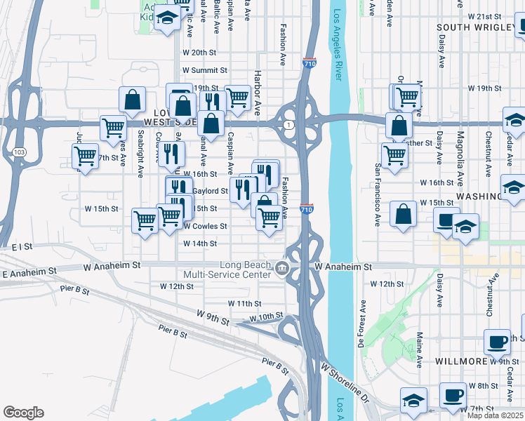 map of restaurants, bars, coffee shops, grocery stores, and more near 1395 West 15th Street in Long Beach