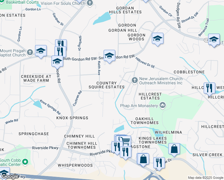 map of restaurants, bars, coffee shops, grocery stores, and more near 6914 Fairway Trail in Austell