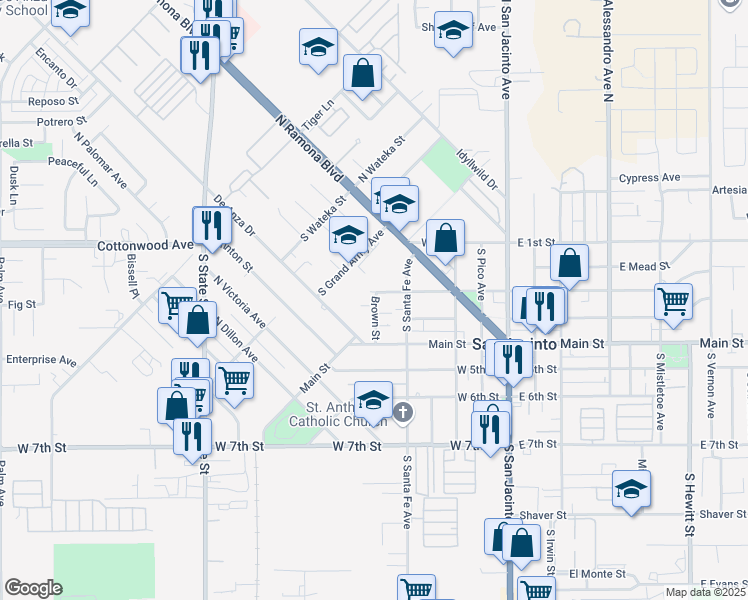 map of restaurants, bars, coffee shops, grocery stores, and more near 230 Brown Street in San Jacinto