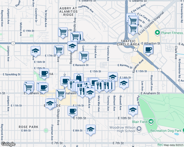 map of restaurants, bars, coffee shops, grocery stores, and more near 3720 East 15th Street in Long Beach