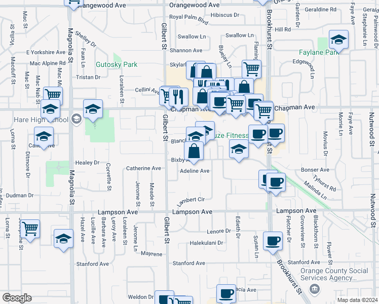 map of restaurants, bars, coffee shops, grocery stores, and more near 12192 Carthay Circle in Garden Grove