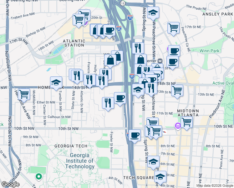 map of restaurants, bars, coffee shops, grocery stores, and more near 1132 Techwood Drive Northwest in Atlanta