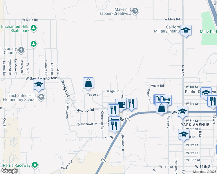map of restaurants, bars, coffee shops, grocery stores, and more near 128 Chumash Cove in Perris