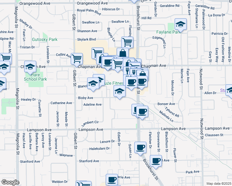 map of restaurants, bars, coffee shops, grocery stores, and more near 9741 Bixby Avenue in Garden Grove