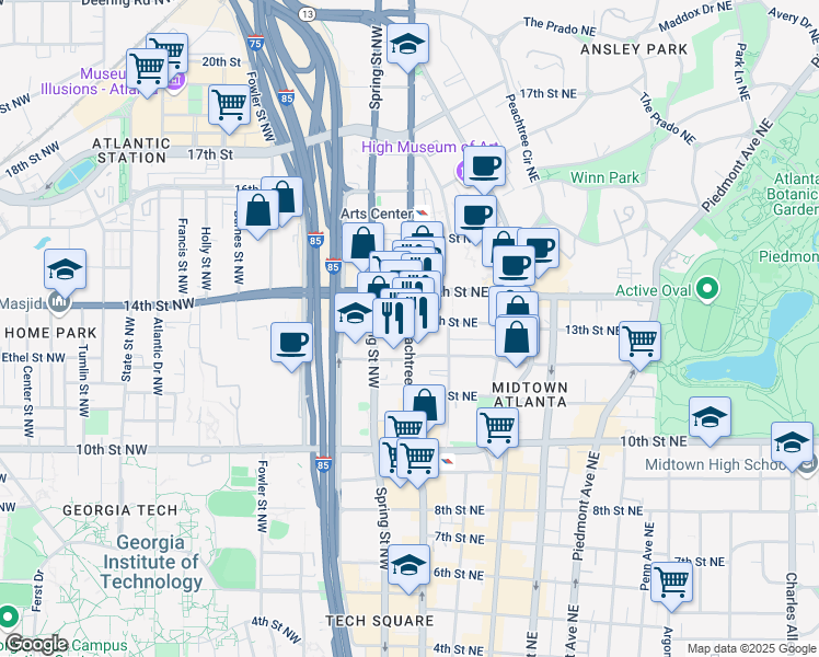 map of restaurants, bars, coffee shops, grocery stores, and more near West Peachtree Street Northwest in Atlanta